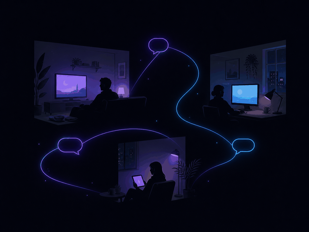 Three people watching the same show in different rooms — TV in a living room, desktop in an office, tablet on a couch — connected by floating chat bubbles